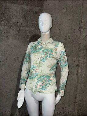70s-80s vintage Women's Lightweight Printed Button-Up Shirt - Green Floral